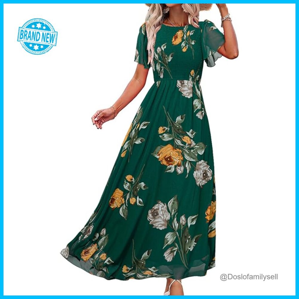 Summer Maxi Dress Flowy Chiffon Boho Flutter Sleeve Smocked Top Elegant